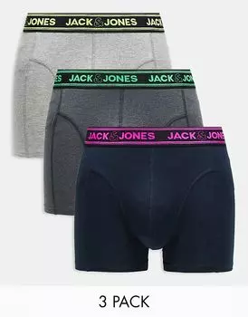 Комплект из 3 трусов-боксеров с неоновым поясом в черном и сером цвете Jack & Jones