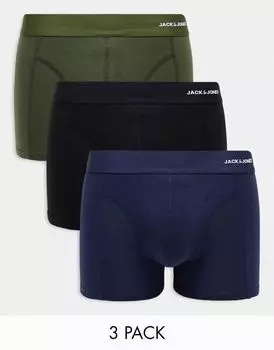 Комплект из 3 узких боксеров цвета хаки и черного бамбука Jack & Jones