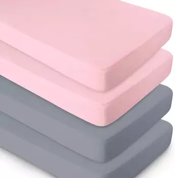 Комплект из 4 простыней для детской кроватки для девочки, простыни на подкладке для стандартного матраса для детской кроватки, уютные простыни для детской кроватки для мальчиков, серого и розового цвета Biloban, Grey & Pink