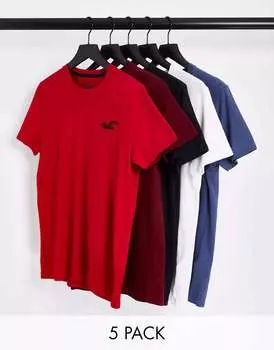 Комплект из 5 футболок с логотипом Hollister черного/синего/красного/белого цвета