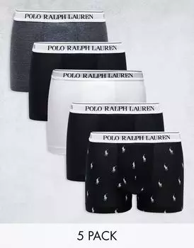 Комплект из 5 плавок Polo Ralph Lauren черного, серого и белого цветов с логотипом игрока в поло по всей поверхности