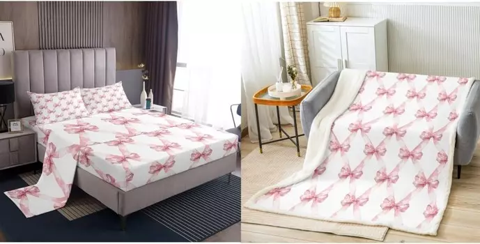 Комплект из 5 розовых простыней принцессы с бантом и флисовое одеяло, Twin Manfei