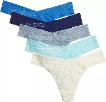 Комплект из 5 шт. фирменных кружевных стрингов с оригинальной посадкой Hanky Panky, цвет Ivory/Celeste/Grey Mist/Burnt Sienna/Oxford Blue