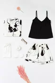 Комплект из 6 белых атласных пижамных шорт с рисунком кота FOR YOU MODA