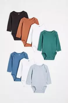 Комплект из 7 боди с длинными рукавами H&amp;M, бирюзовый/белый/горчичный