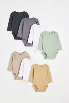 Комплект из 7 боди с длинными рукавами H&amp;M, светло-бежевый/желтый/белый