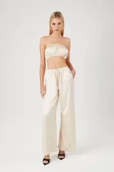 Комплект из атласного укороченного топа и брюк Forever 21, кремовый