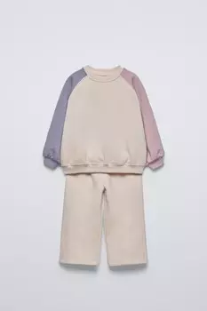 Комплект из брюк и свитшота с контрастными рукавами ZARA, цвет mink