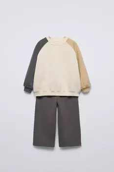 Комплект из брюк и свитшота с контрастными рукавами ZARA, экрю