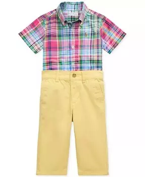 Комплект из детской клетчатой поплиновой рубашки и брюк чинос Polo Ralph Lauren, желтый