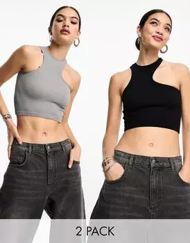 Комплект из двух асимметричных топов с вырезом-борцовкой в рубчик серо-черного цвета Bershka