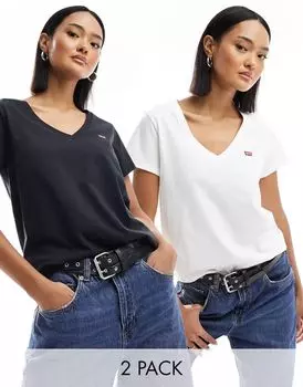 Комплект из двух белых и черных футболок Levi's с V-образным вырезом и маленьким логотипом