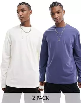 Комплект из двух футболок с длинными рукавами и круглым вырезом ASOS DESIGN бежево-синего цвета