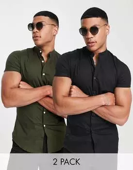 Комплект из двух пар узких рубашек с воротником-стойкой ASOS DESIGN цвета хаки/черный