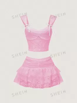 Комплект из двух предметов ICON: розовая кружевная майка и юбка с разрезом воланами, кружевными концами и низкими складными ручками Shein, розовый