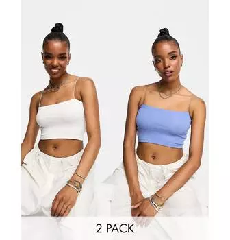 Комплект из двух укороченных топов Pull&Bear в рубчик белого и голубого цвета с бретельками