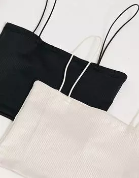 Комплект из двух укороченных топов в рубчик Pull&Bear черного и телесного цвета