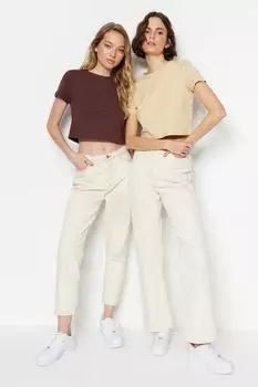 Комплект из двух укороченных трикотажных футболок с круглым вырезом TWOSS20TS1480 бежево-коричневого цвета из 100% хлопка Trendyol, разноцветный