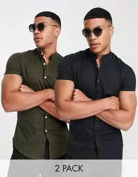 Комплект из двух узких рубашек с воротником-стойкой ASOS DESIGN цвета хаки/черный
