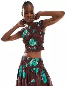 Комплект из фактурного топа и юбки с присборками Free People шоколадно-зеленого цвета с цветочным принтом