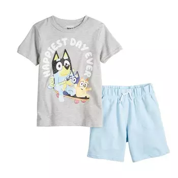 Комплект из футболки и шорт с рисунком Bluey Happiest Day для мальчиков 4–7 лет, цвет Light Gray