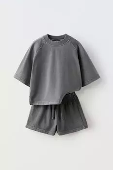 Комплект из футболки и шортов-бермуд ZARA, антрацитово-серый