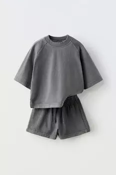 Комплект из футболки и шортов-бермуд ZARA, антрацитово-серый