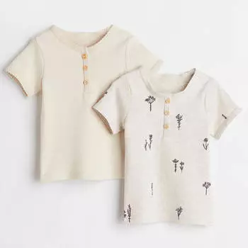 Комплект из футболок H&amp;M Botanical Ribbed, 2 предмета, светло-бежевый