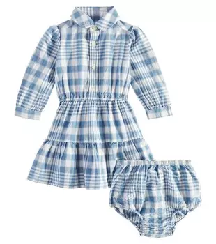 Комплект из хлопкового платья и панталон в клетку для малышей Polo Ralph Lauren Kids, цвет blue cream