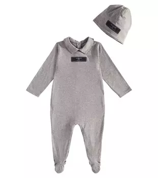 Комплект из хлопкового трикотажного комбинезона и шапочки для малышей Balmain Kids, цвет grigio medio melange