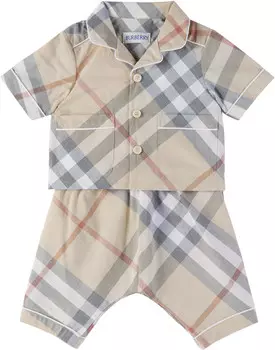 Комплект из хлопковой рубашки и брюк в бежевую клетку Burberry