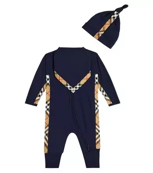 Комплект из комбинезона, шапочки и нагрудника в клетку baby vintage check Burberry, синий
