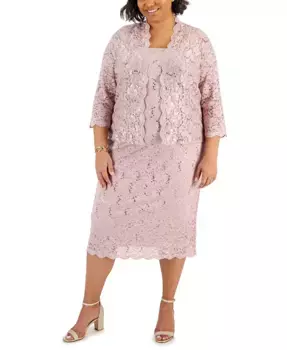 Комплект из кружевного жакета и платья-футляра Plus Size 2-Pc. Lace Jacket & Sheath Dress Set SL Fashions, розовый