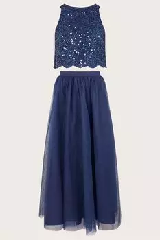 Комплект из кружевной блузки с пайетками и тюлевой юбки-макси Monsoon, синий