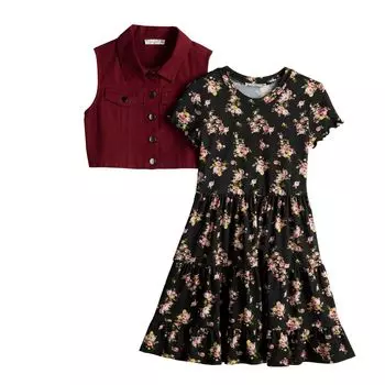 Комплект из многоярусного платья с принтом и жилета из твила для девочек 4–16 лет Knit Works Knit Works