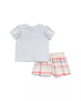 Комплект из однотонной футболки и полосатых шорт с акварелью для девочек - Little Kid Splendid, мультиколор
