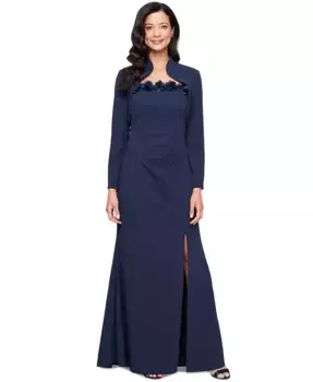 Комплект из платья без рукавов и жакета с цветочной отделкой Petite Alex Evenings, синий