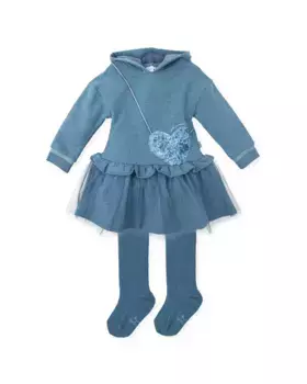 Комплект из платья и колготок с капюшоном Атлантического синего цвета для девочки Tutto Piccolo