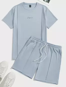 Комплект из плиссированной футболки и шорт Manfinity Hypemode с буквенным принтом, синий