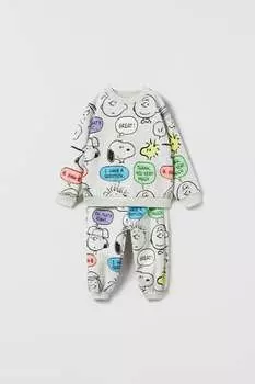Комплект из плюшевой толстовки и брюк snoopy peanuts ZARA, жемчужно-серый
