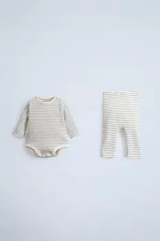 Комплект из полосатого рубчатого боди и леггинсов ZARA, светло-голубой