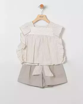Комплект из полосатой блузки для девочек с однотонными шортами Coco Acqua, цвет Marrn claro