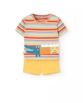 Комплект из полосатой футболки и шорт для мальчика Boboli, горчичный