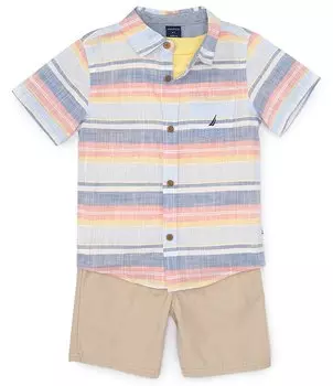 Комплект из полосатой тканой рубашки с короткими рукавами Nautica Little Boys 2T-7, однотонной трикотажной футболки с короткими рукавами и однотонных тканых шорт, желтый