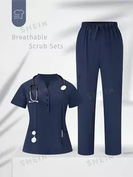 Комплект из рубашки и брюк Task Fit, однотонный, с V-образным вырезом, для женщин больших размеров Shein, темно-синий