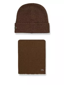Комплект из шапки бини и шарфа с аппликацией Lacoste, коричневый