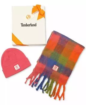 Комплект из шарфа и шапки в клетку с логотипом Timberland, розовый