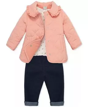 Комплект из стеганой куртки, футболки с цветочным принтом и джинсовых брюк для маленьких девочек Little Me, розовый