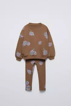 Комплект из толстовки с принтом в рубчик и леггинсов ZARA, цвет chocolate brown