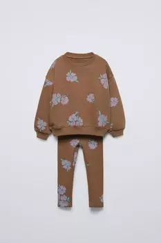 Комплект из толстовки с принтом в рубчик и леггинсов ZARA, цвет chocolate brown